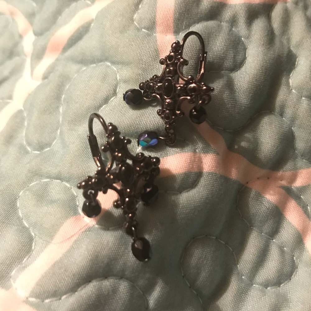 Silver Cross Earrings with Black Iridescent Beads